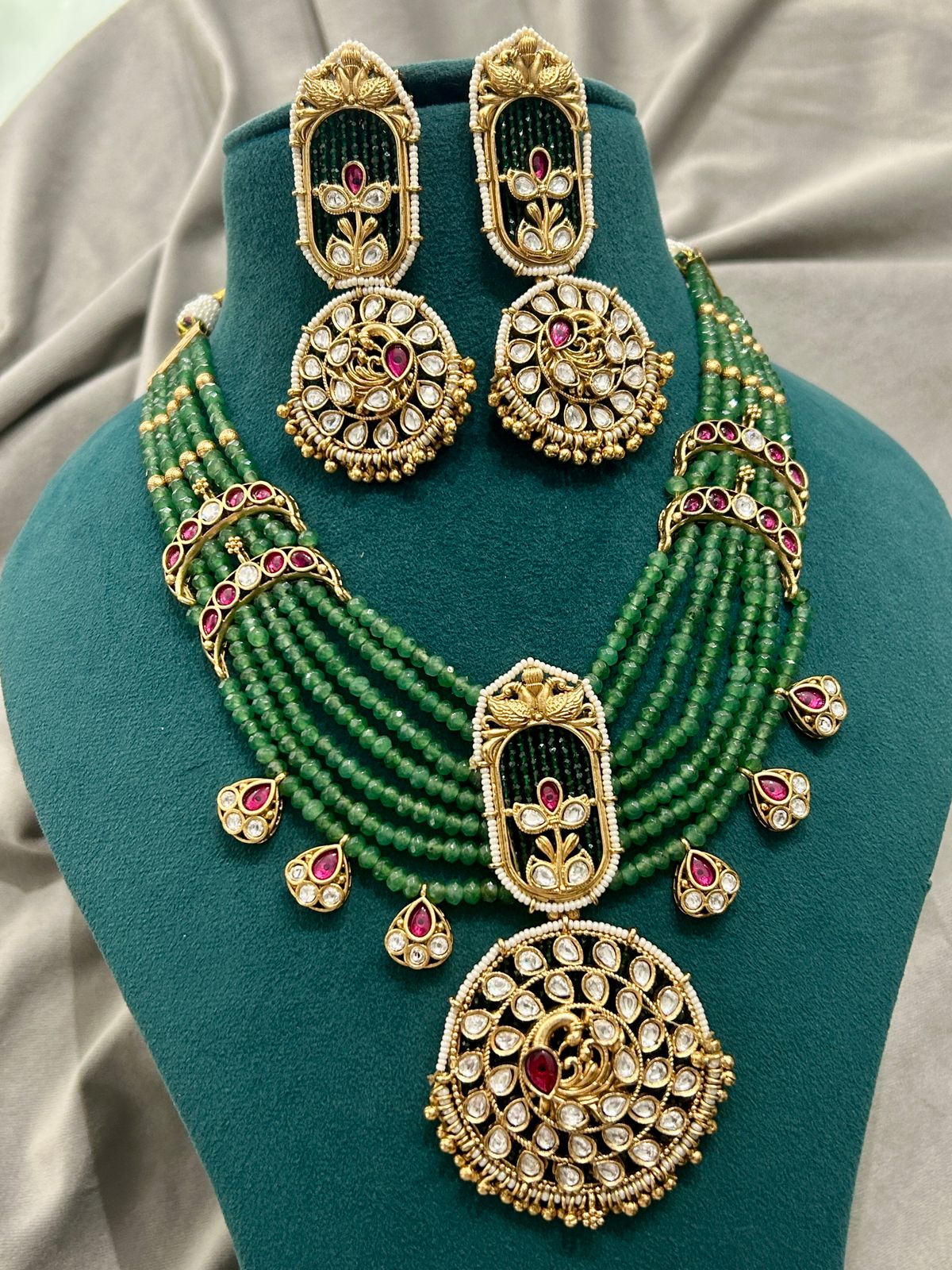 Kundan Green Beaded Bridal Necklace Set with Earrings
